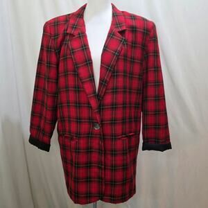 Vintage Mirrors 80s 90s Long Red Plaid Baggy Oversized Power Suit Blazer, Med